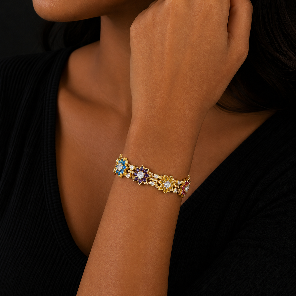 Bubble Letter Iced Out Colorful Flower leaves Bracelet for Women Prong Setting Real Gold Plated Hip Hop Jewelry
