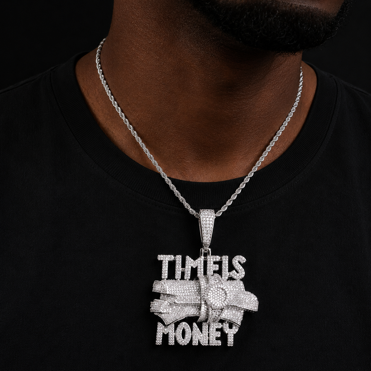 Bubble Letter Iced Out Time is Money Necklace Pendant for Men Prong Setting Real Gold Plated Hip Hop Jewelry