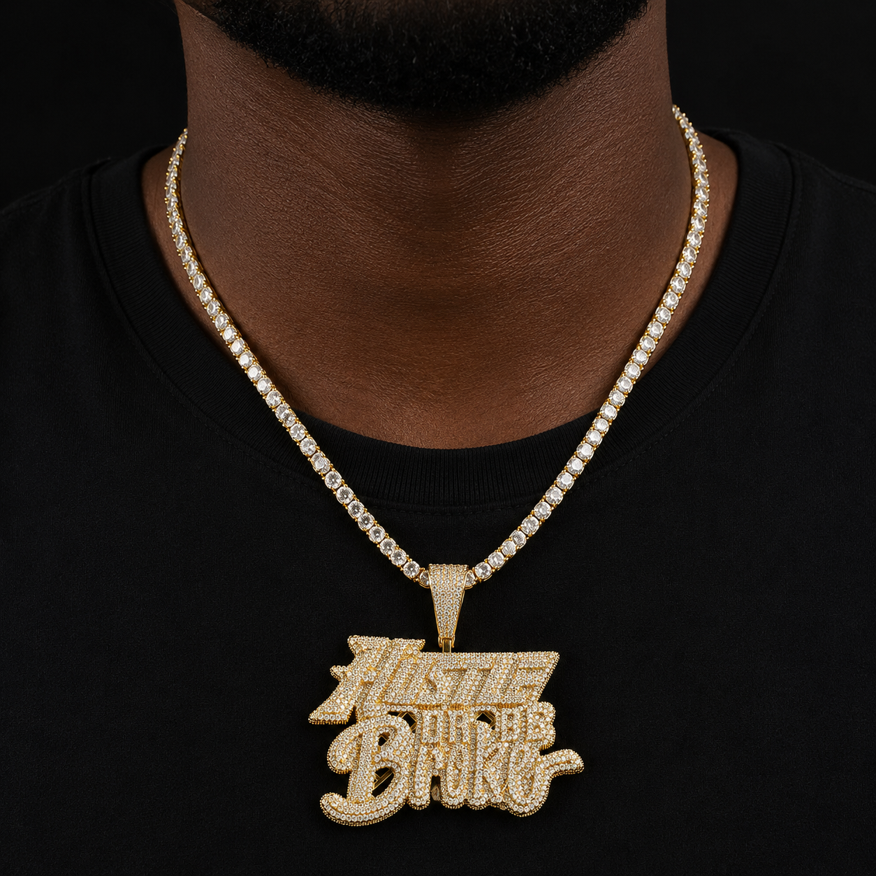 Bubble Letter Iced Out Hustle Or Be Broke Necklace Pendant for Men Prong Setting Real Gold Plated Hip Hop Jewelry