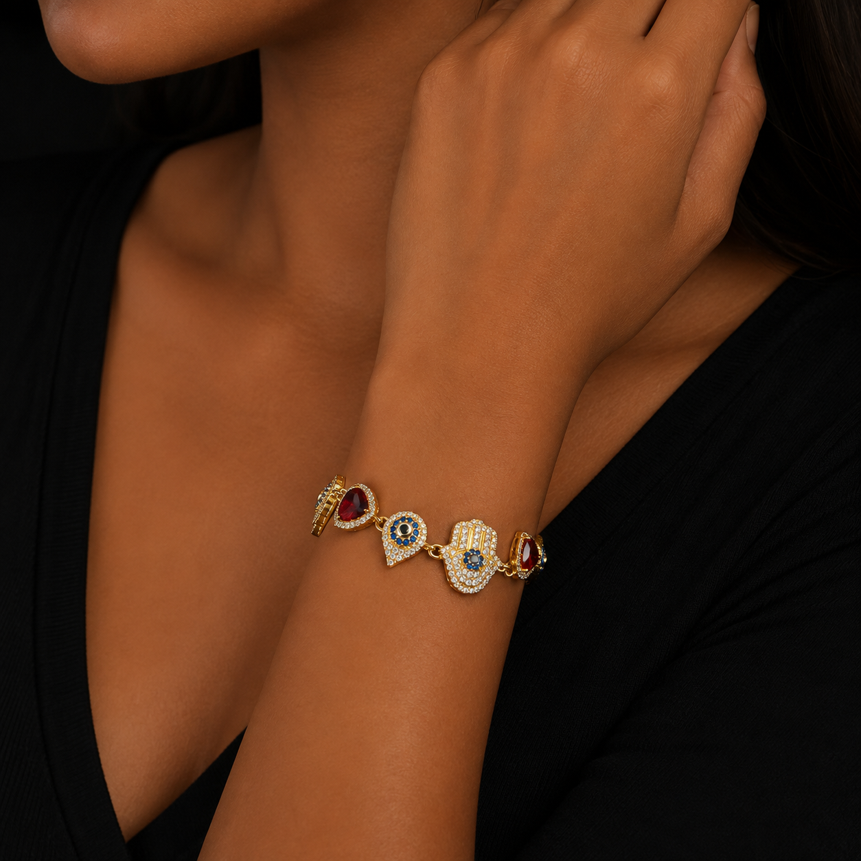 Bubble Letter Iced Out Hamsa Hand Heart Eye Bracelet for Women Real Gold Plated Cubic Zirconia Hip Hop Jewelry