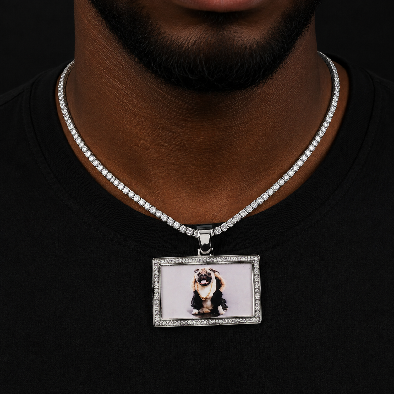 Bubble Letter Iced Out Rectangle Custom Photo Necklace Pendant for Men Real Gold Plated Cubic Zirconia Hip Hop Jewelry