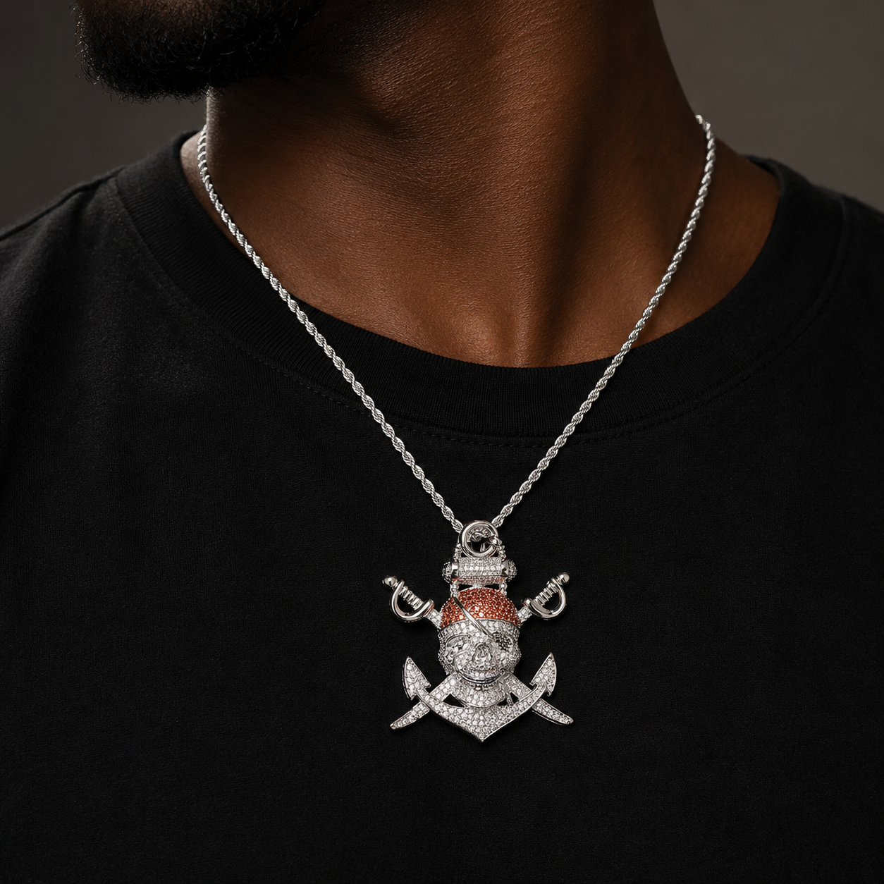 Bubble Letter Iced Out Pirate Anchor Necklace Pendant for Men Prong Setting 5A Cubic Zirconia Hip Hop Jewelry