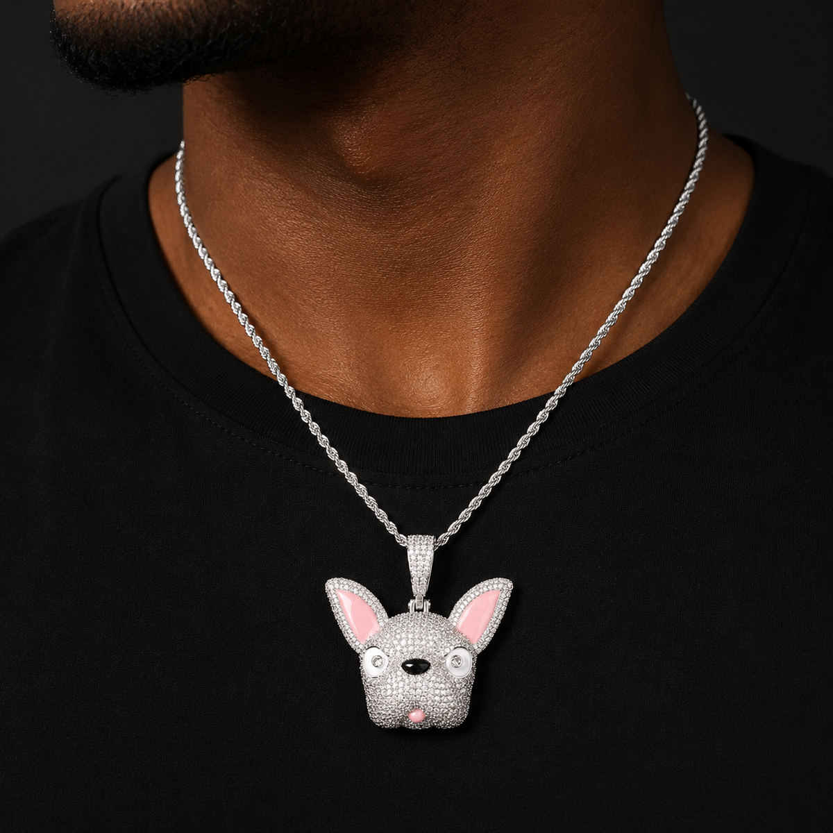 Bubble Letter Iced Out Pink Ears Dog Necklace Pendant for Men Prong Setting 5A Cubic Zirconia Hip Hop Jewelry