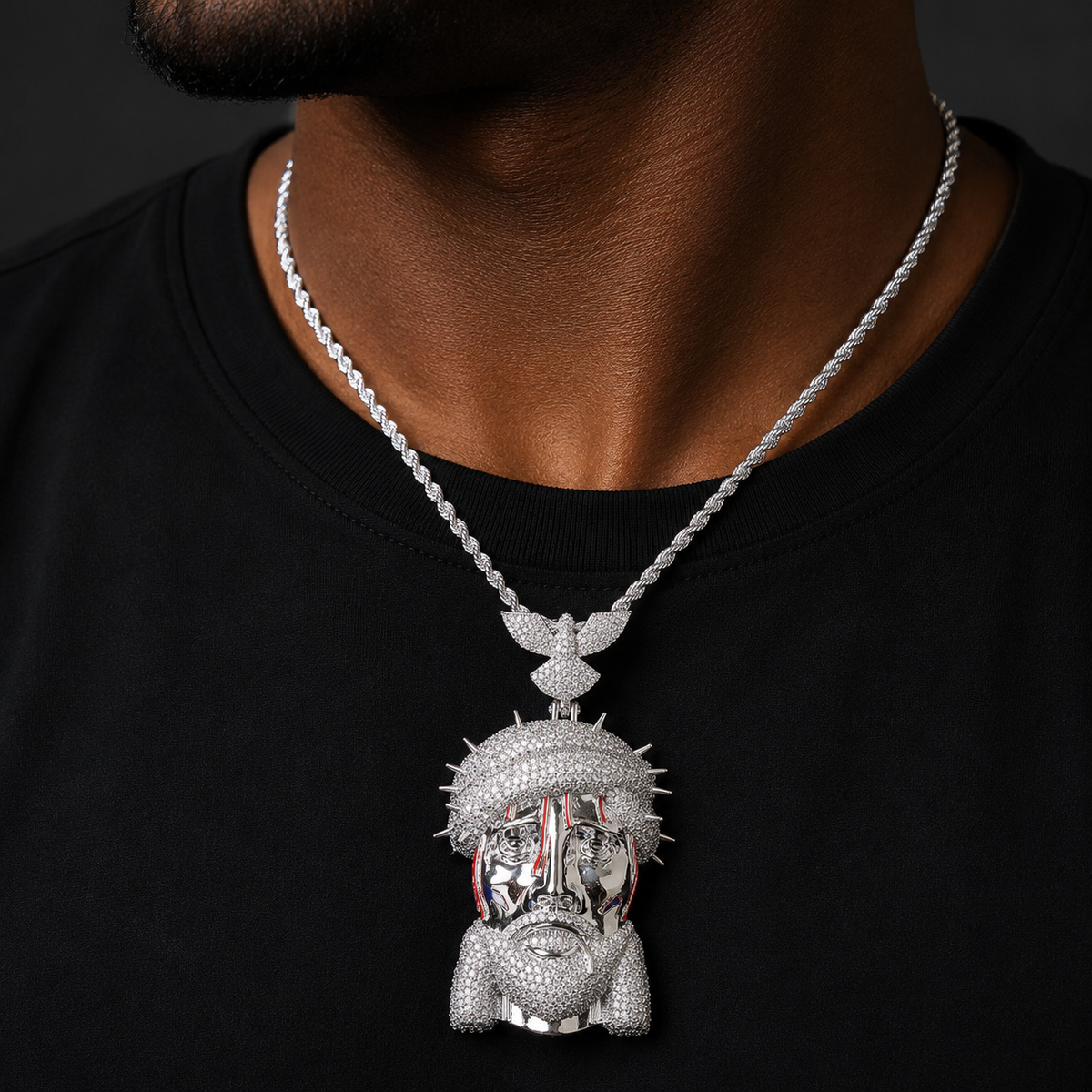 Bubble Letter Iced Out Jesus Barbered Wire Dove Bail Necklace Pendant for Men Prong Setting 5A Cubic Zirconia Hip Hop Jewelry