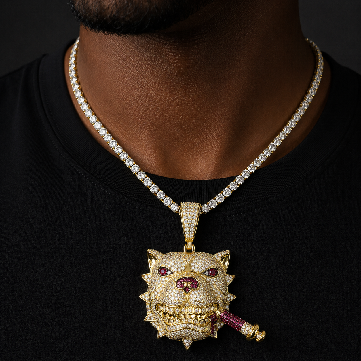Bubble Letter Iced Out Dog Head Cigar Necklace Pendant for Men Prong Setting 5A Cubic Zirconia Hip Hop Jewelry