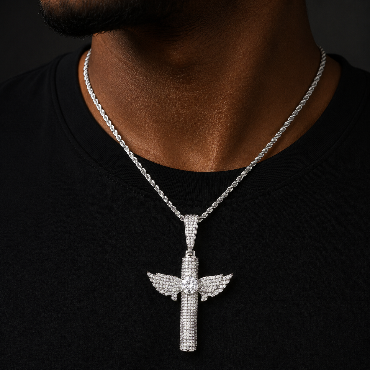 Bubble Letter Iced Out Wing Cross Necklace Pendant for Men Prong Setting 5A Cubic Zirconia Hip Hop Jewelry