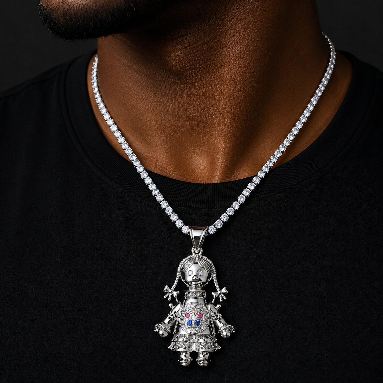 Bubble Letter Iced Out Rag Doll Necklace Pendant for Men Prong Setting 5A Cubic Zirconia Hip Hop Jewelry
