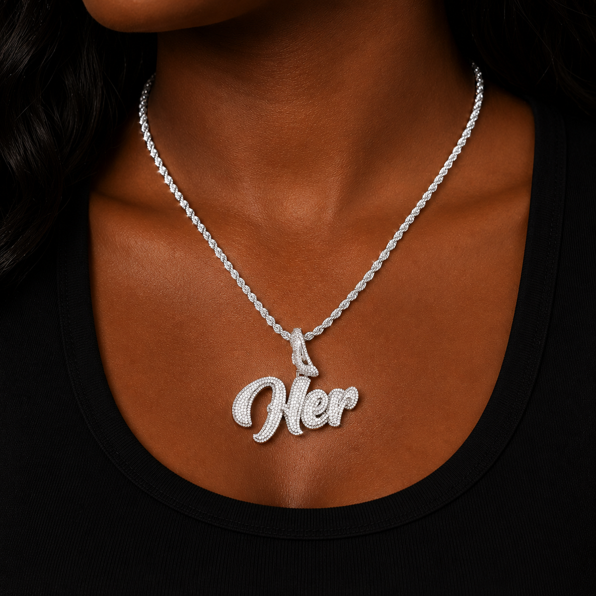 Bubble Letter Iced Out High Heel Bail Her Necklace Pendant for Women Prong Setting 5A Cubic Zirconia Hip Hop Jewelry