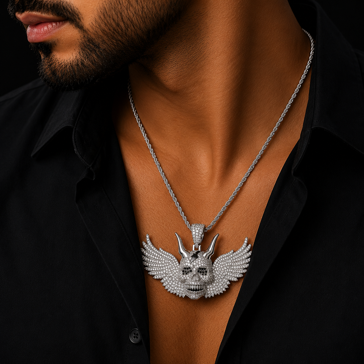 Bubble Letter Iced Out Wing Skull Necklace Pendant for Men Real Gold Plated 5A Cubic Zirconia Hip Hop Jewelry