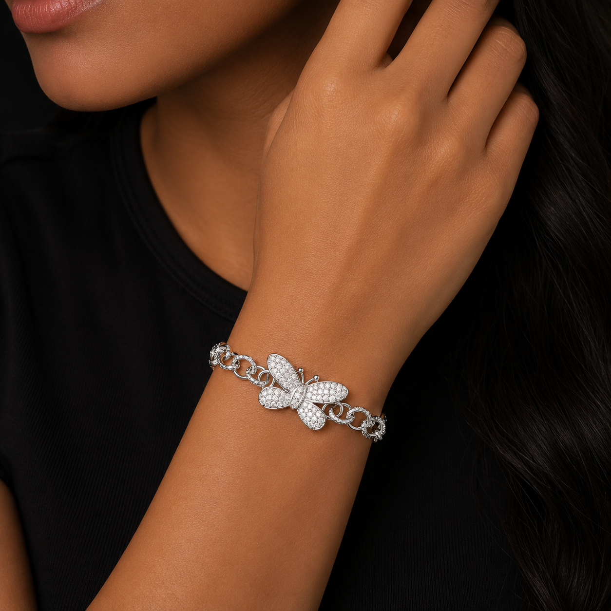 Bubble Letter Iced Out Ring Link Bracelet Butterfly for Women Real Gold Plated 5A Grade Hip Hop Jewelry
