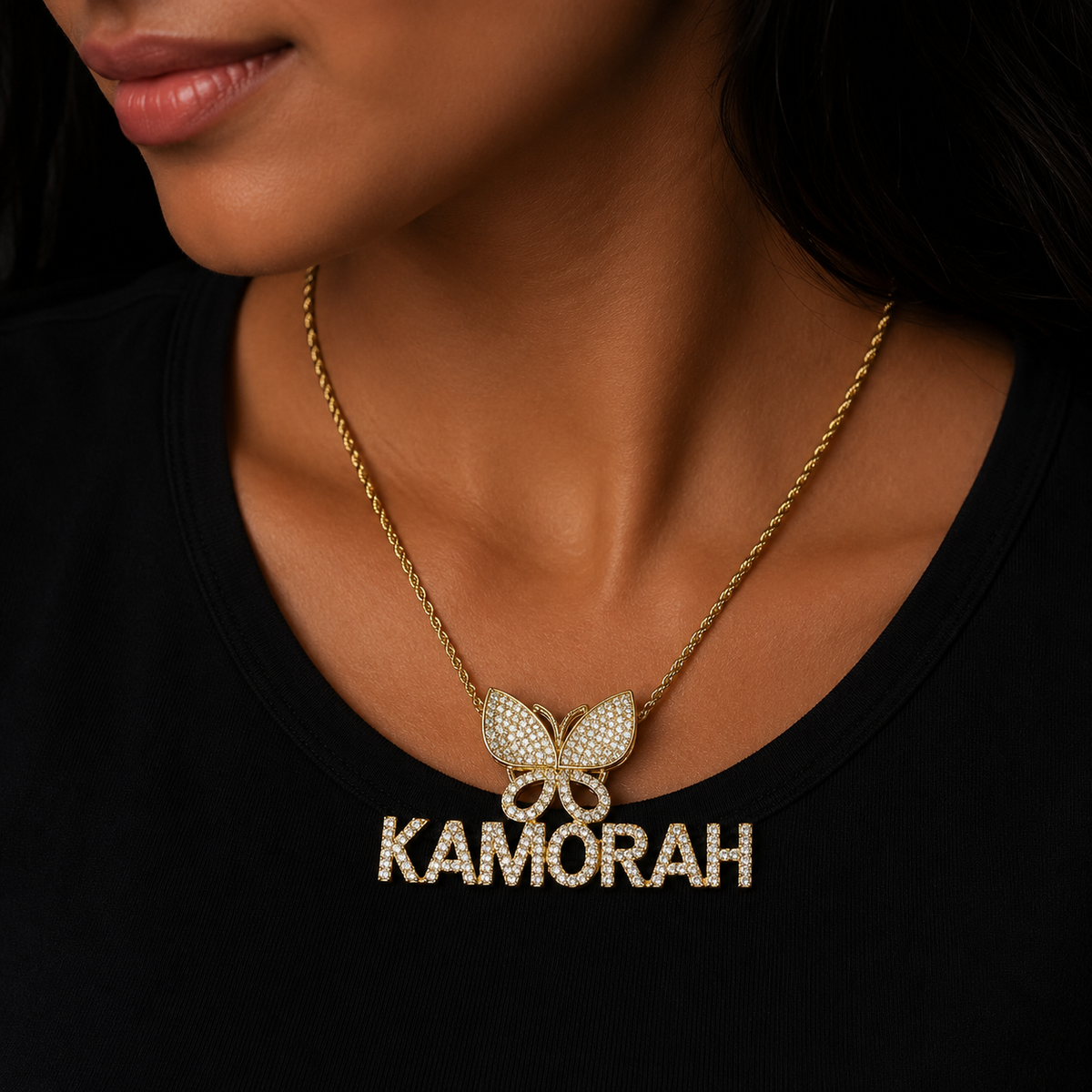 Bubble Letter Iced Out Custom Name Necklace Pendant Butterfly Bail for Women Real Gold Plated 5A Grade Hip Hop Jewelry