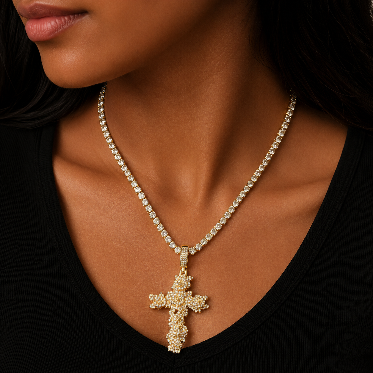 Bubble Letter Iced Out Rose Flower Cross Necklace Pendant for Women Real Gold Plated 5A Cubic Zirconia Hip Hop Jewelry
