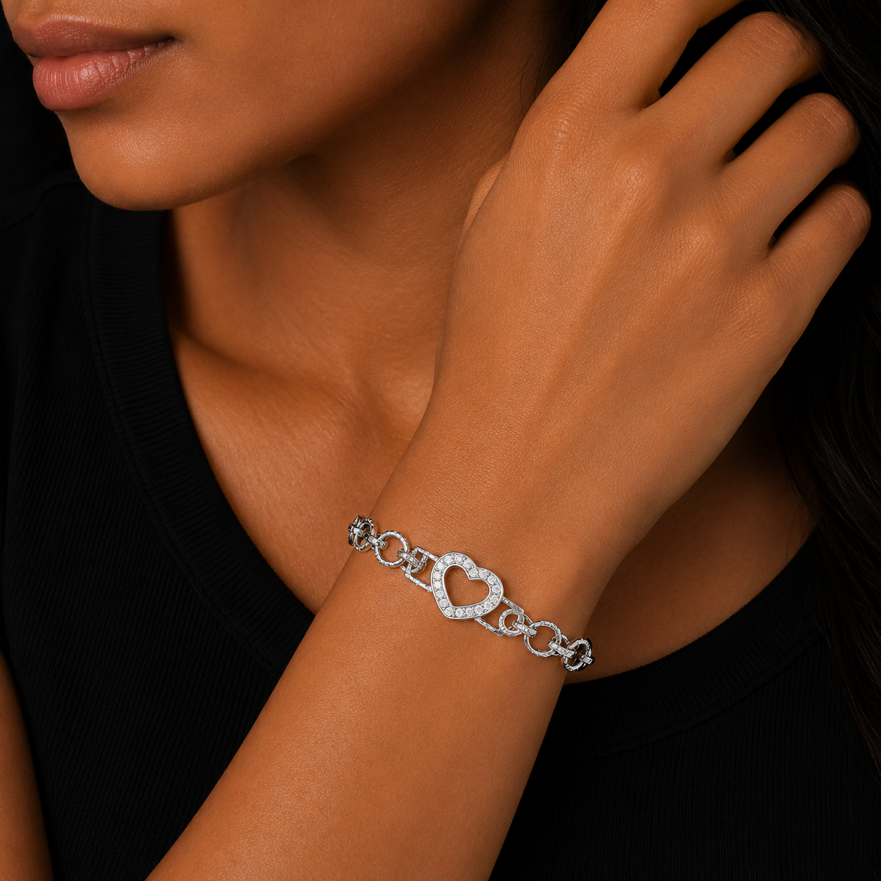 Bubble Letter Iced Out Ring Link Bracelet Heart for Women Real Gold Plated 5A Grade Hip Hop Jewelry