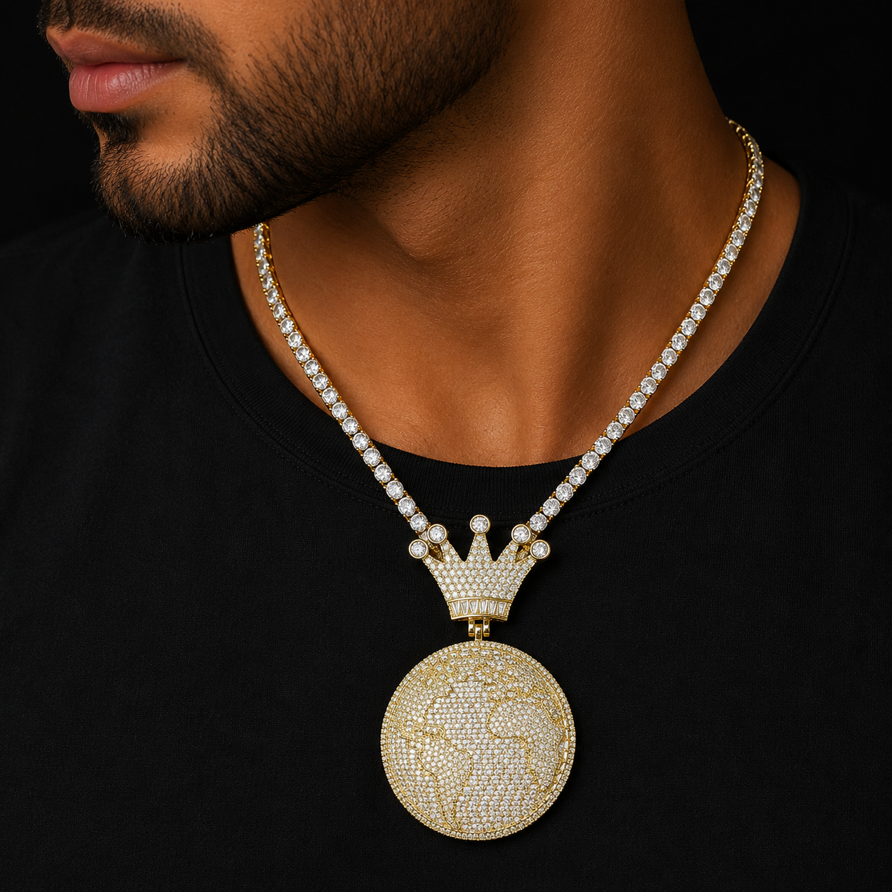 Bubble Letter Iced Out Globe World Crown Bail Necklace Pendant for Men Real Gold Plated 5A Grade Hip Hop Jewelry