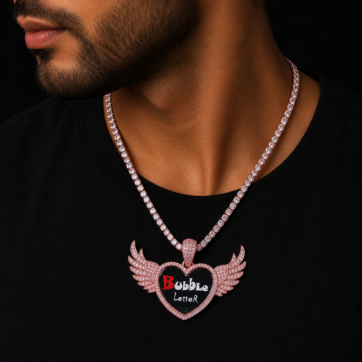Bubble Letter Iced Out Wing Heart Solid back Custom Photo Necklace Pendant for Men Real Gold Plated 5A Grade Hip Hop Jewelry