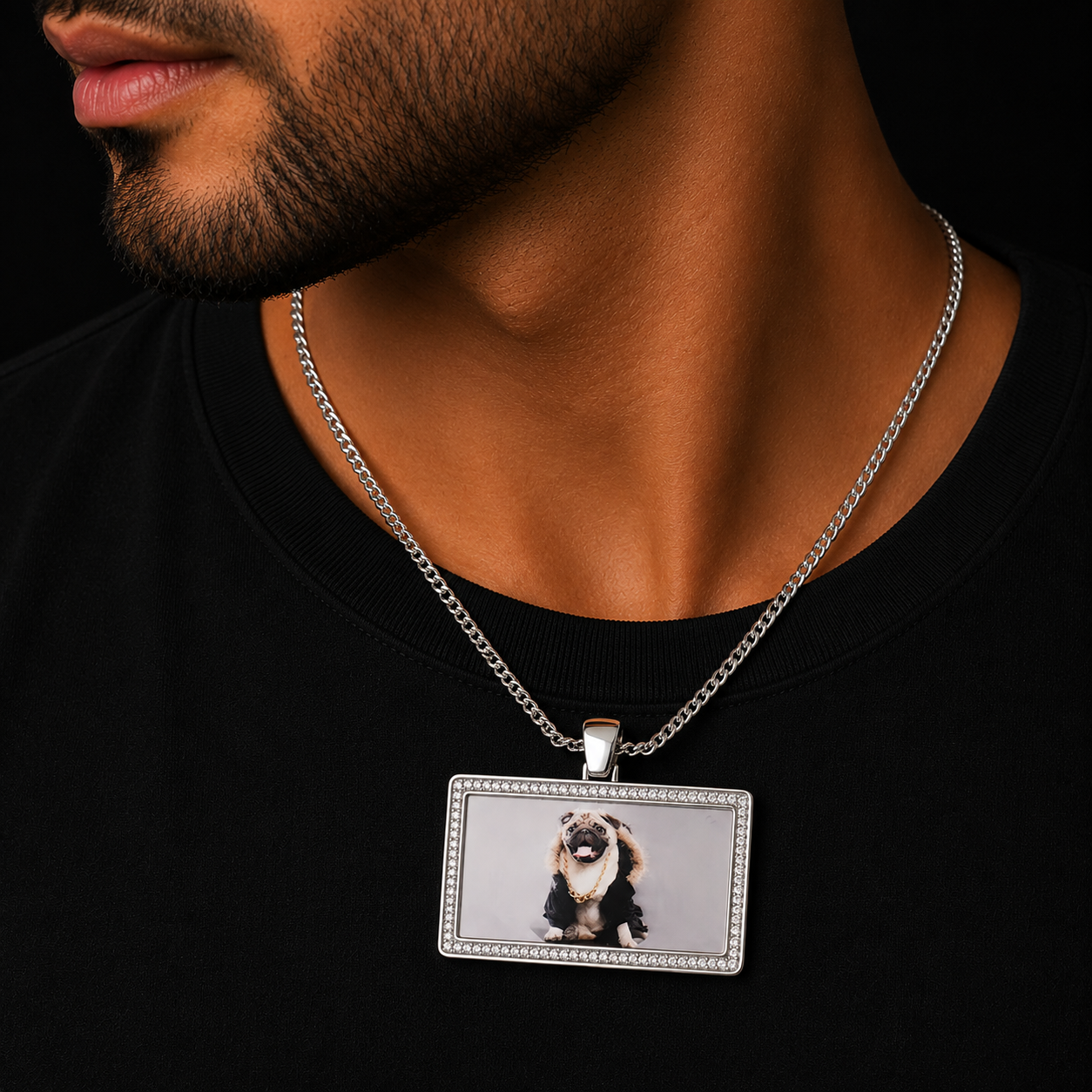 Bubble Letter Iced Out Rectangle Custom Photo Necklace Pendant for Men Real Gold Plated Cubic Zirconia Hip Hop Jewelry