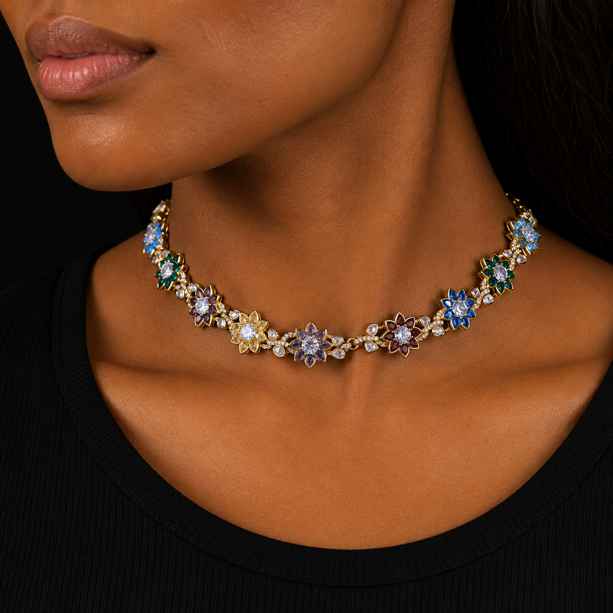 Bubble Letter Iced Out Colorful Flower leaves Necklace Choker for Women Prong Setting Real Gold Plated Hip Hop Jewelry