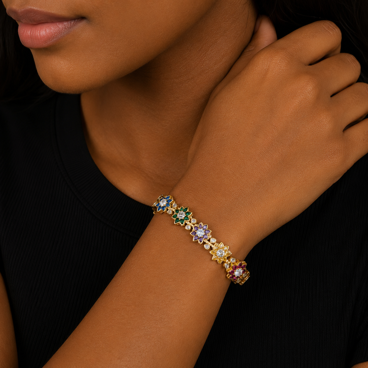 Bubble Letter Iced Out Colorful Flower leaves Bracelet for Women Prong Setting Real Gold Plated Hip Hop Jewelry