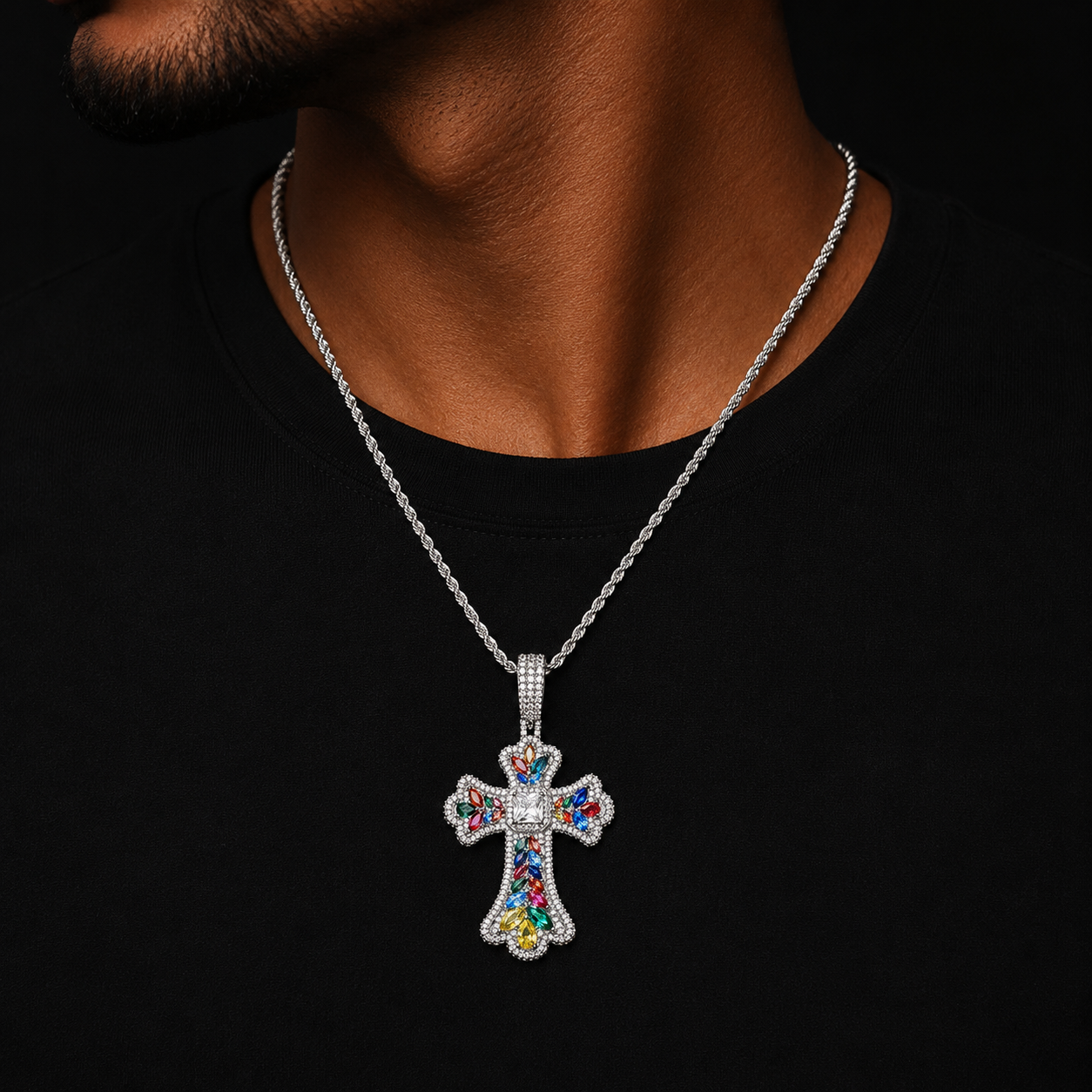 Bubble Letter Iced Out Colorful Cubic Zirconia Cross Necklace Pendant for Men Real Gold Plated 5A Grade Hip Hop Jewelry