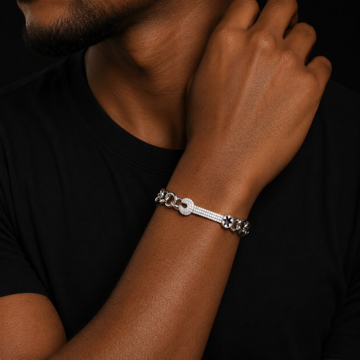 Bubble Letter Iced Out Belcher Ring Link Bracelet Wrench for Men Prong Setting Real Gold Plated Hip Hop Jewelry