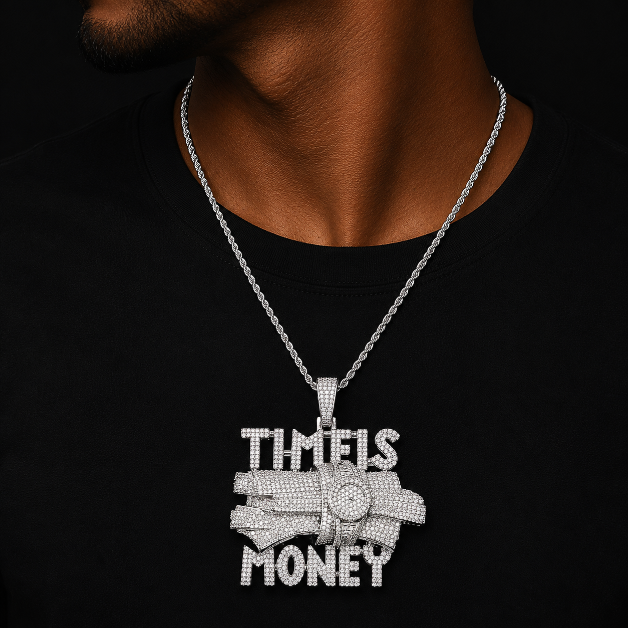 Bubble Letter Iced Out Time is Money Necklace Pendant for Men Prong Setting Real Gold Plated Hip Hop Jewelry