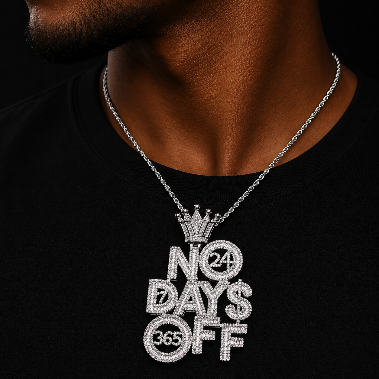Bubble Letter Iced Out No Days Off Crown Bail Necklace Pendant for Men Prong Setting Real Gold Plated Hip Hop Jewelry