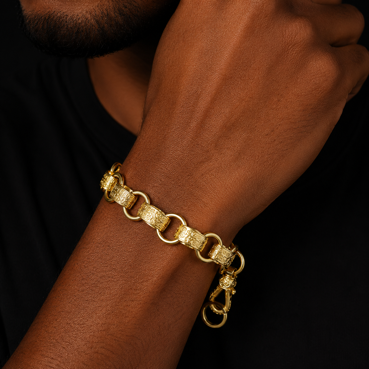 Bubble Letter 20mm Alternate Ornate Filigree Belcher Pattern Link Bracelet Real Gold Plated PVD Plate Hip Hop Jewelry