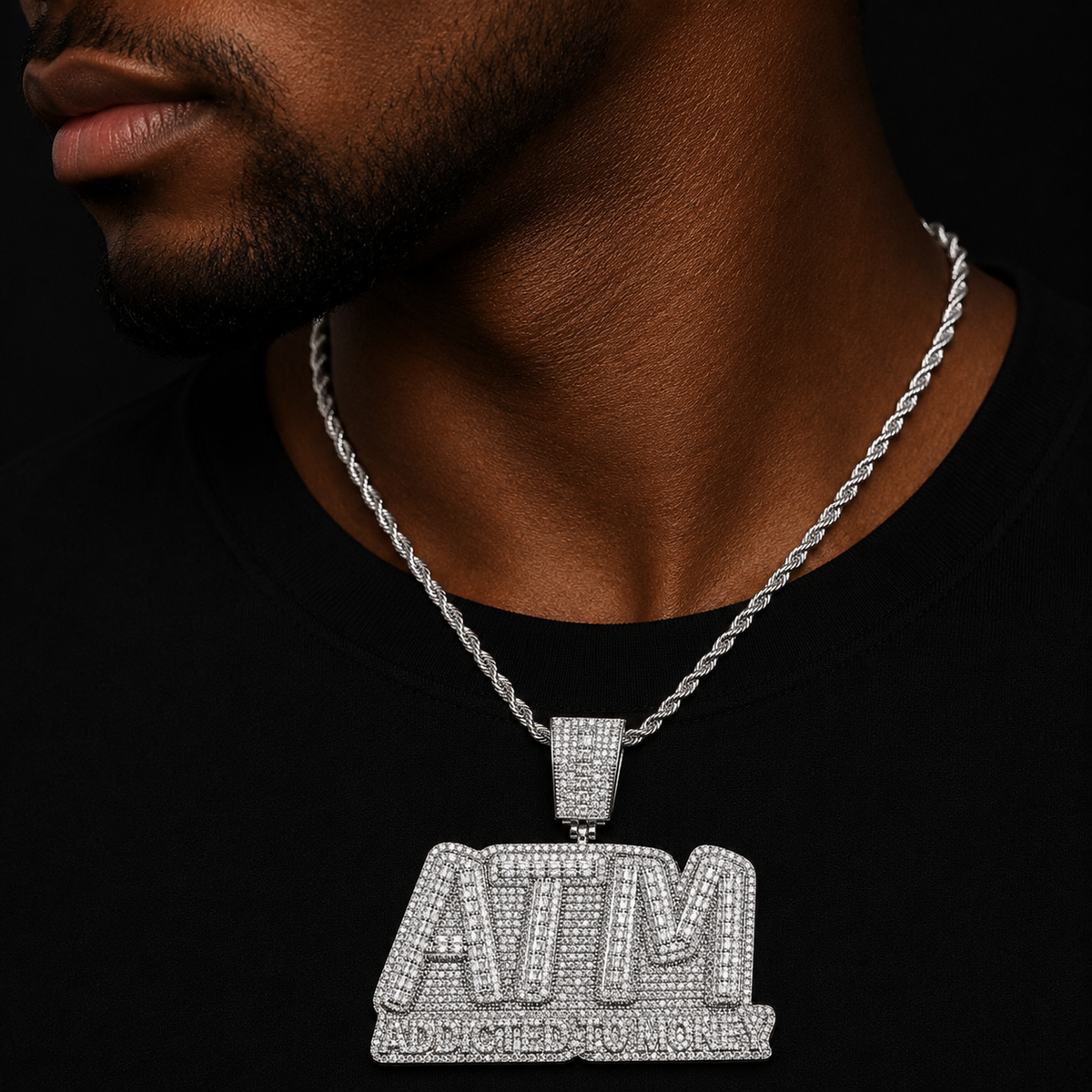 Bubble Letter Iced Out ATM Addicted to Money Necklace Pendant for Men Real Gold Plated 5A Cubic Zirconia Hip Hop Jewelry