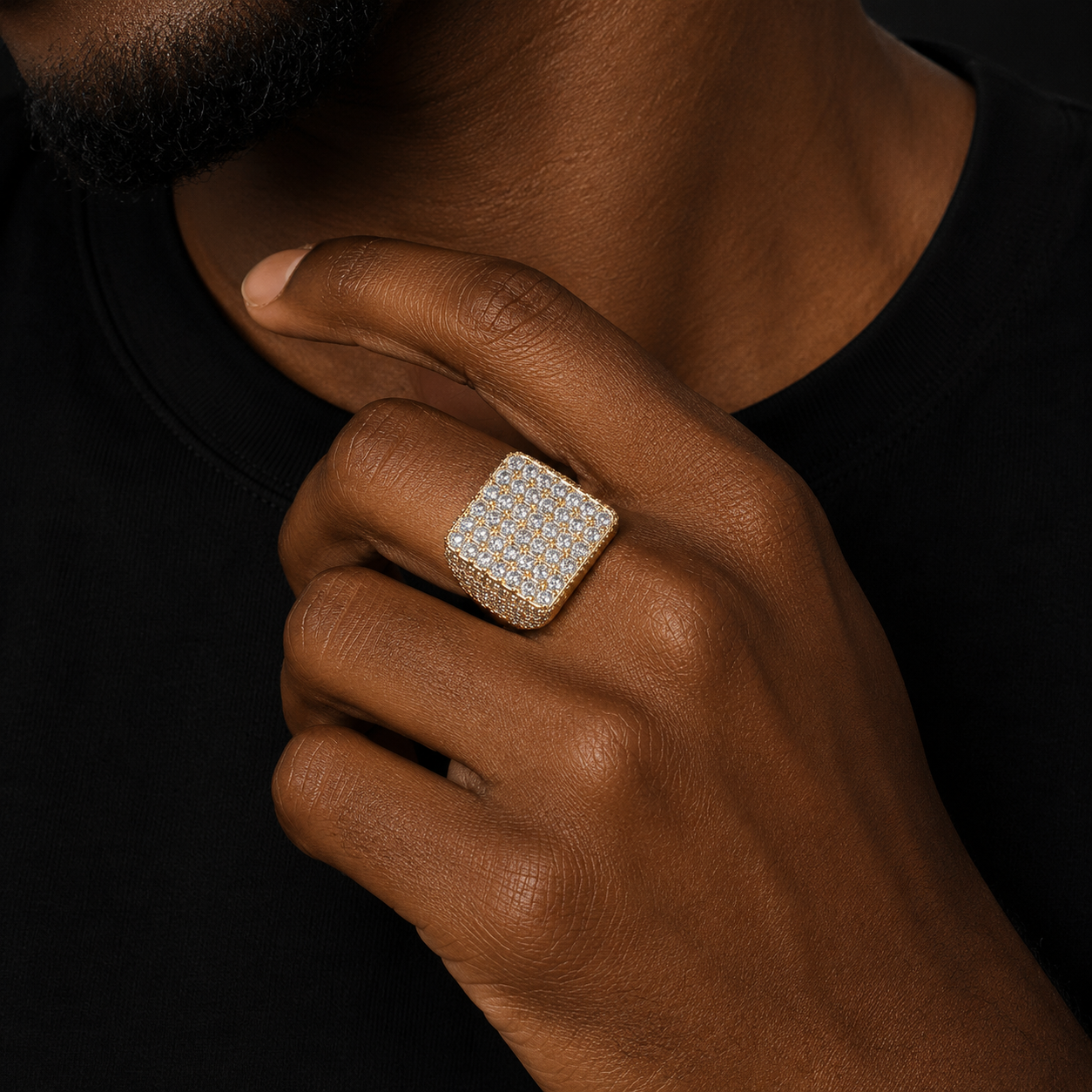Bubble Letter Iced Out Square Ring for Men Real Gold Plated Cubic Zirconia Hip Hop Jewelry