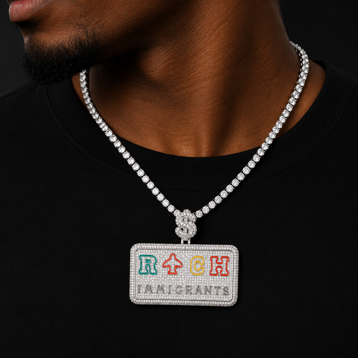 Bubble Letter Iced Out Rich Immigrant Necklace Pendant for Men Real Gold Plated Cubic Zirconia Hip Hop Jewelry
