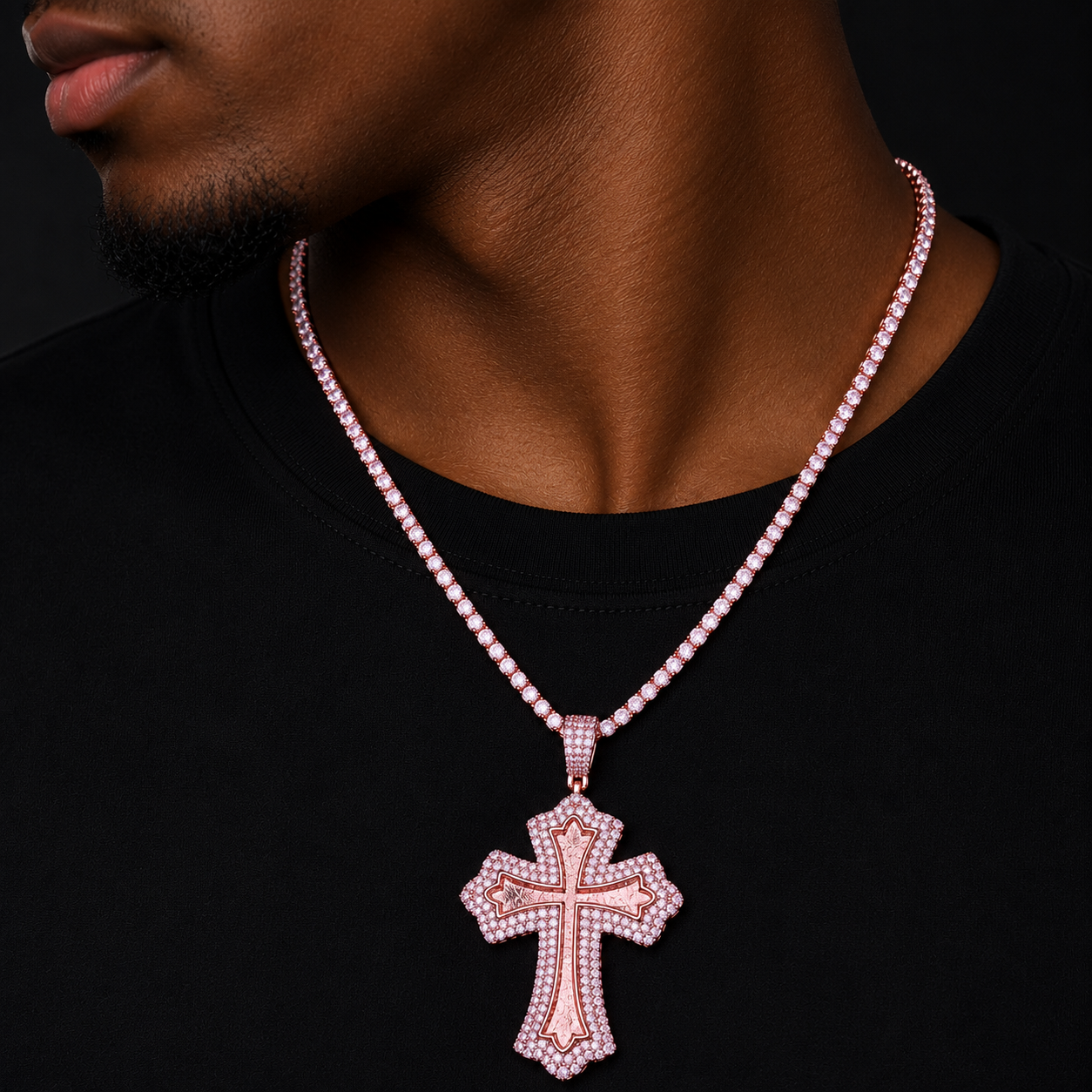 Bubble Letter Iced Men Cross Necklace Pendant Real Gold Plated Cubic Zirconia Hip Hop Jewelry