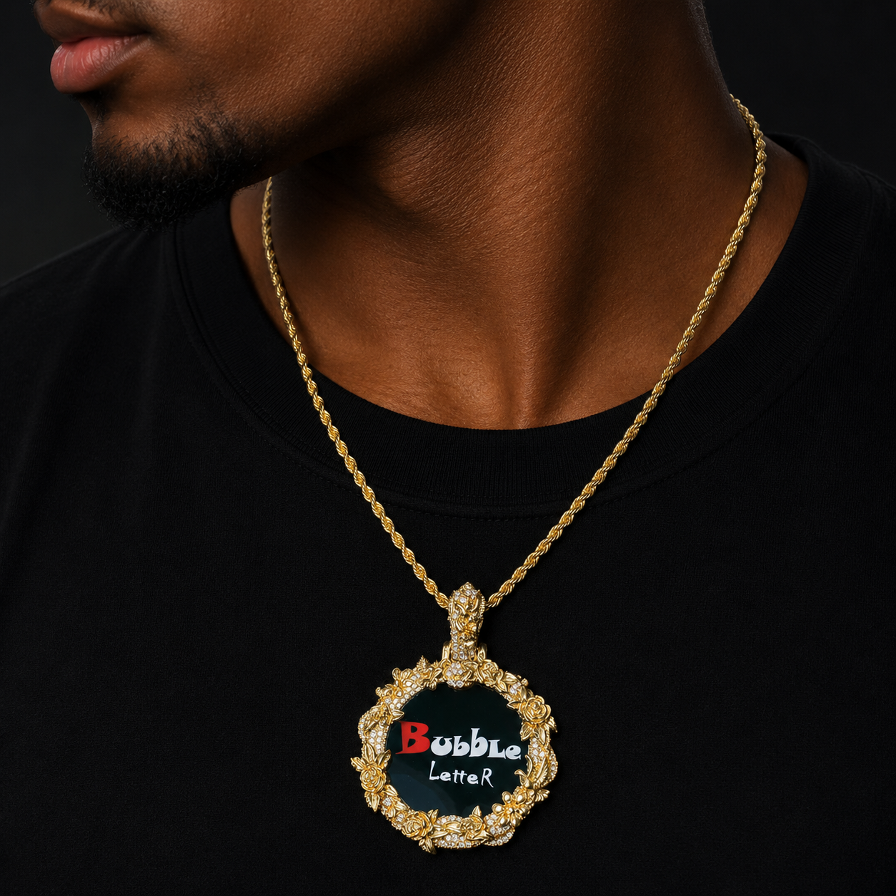 Bubble Letter Iced Out Dove Rose Flower Custom Picture Necklace Pendant for Men Real Gold Plated Cubic Zirconia Hip Hop Jewelry