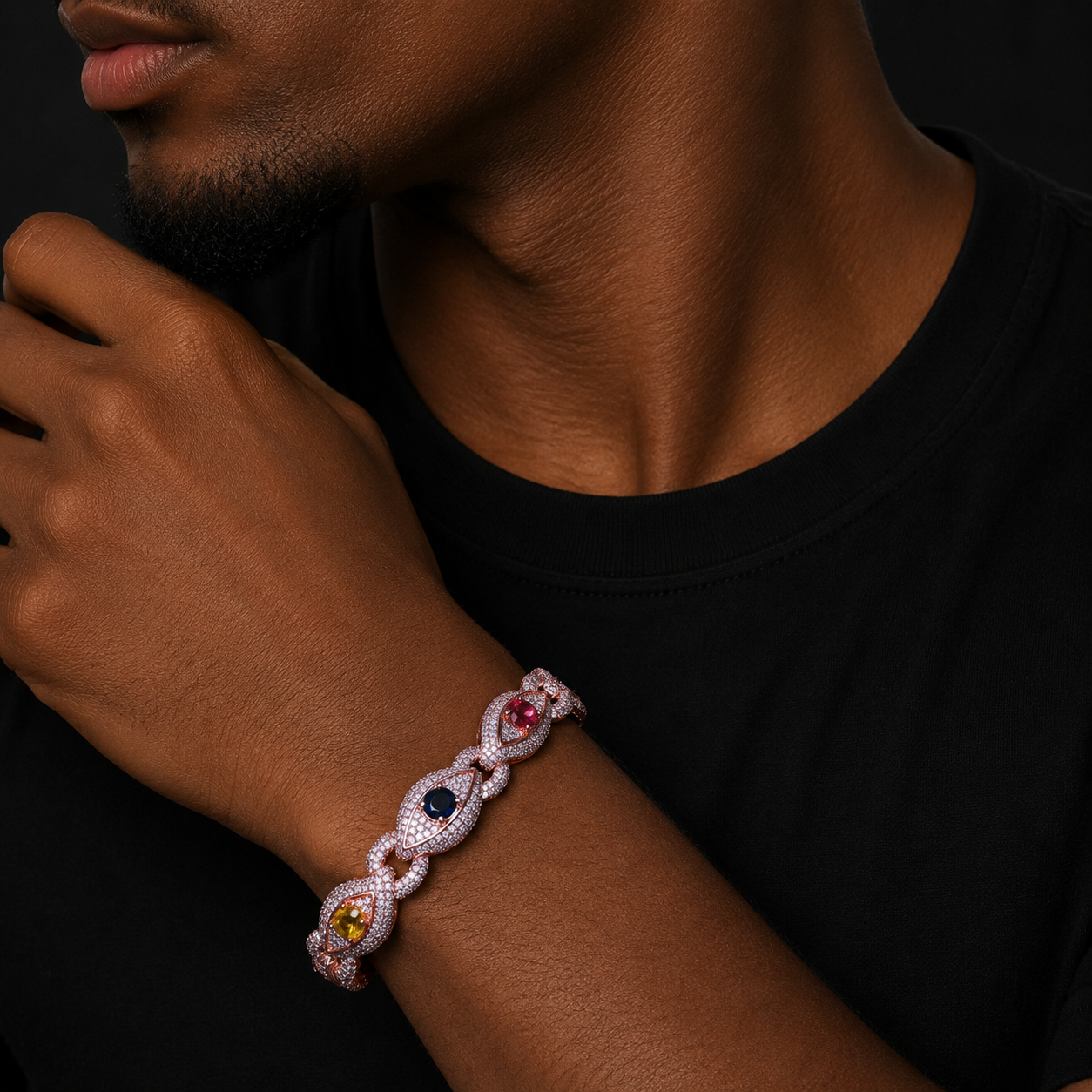 Bubble Letter Iced Out Colorful Eye Infinity Link Bracelet for Men Real Gold Plated Cubic Zirconia Hip Hop Jewelry