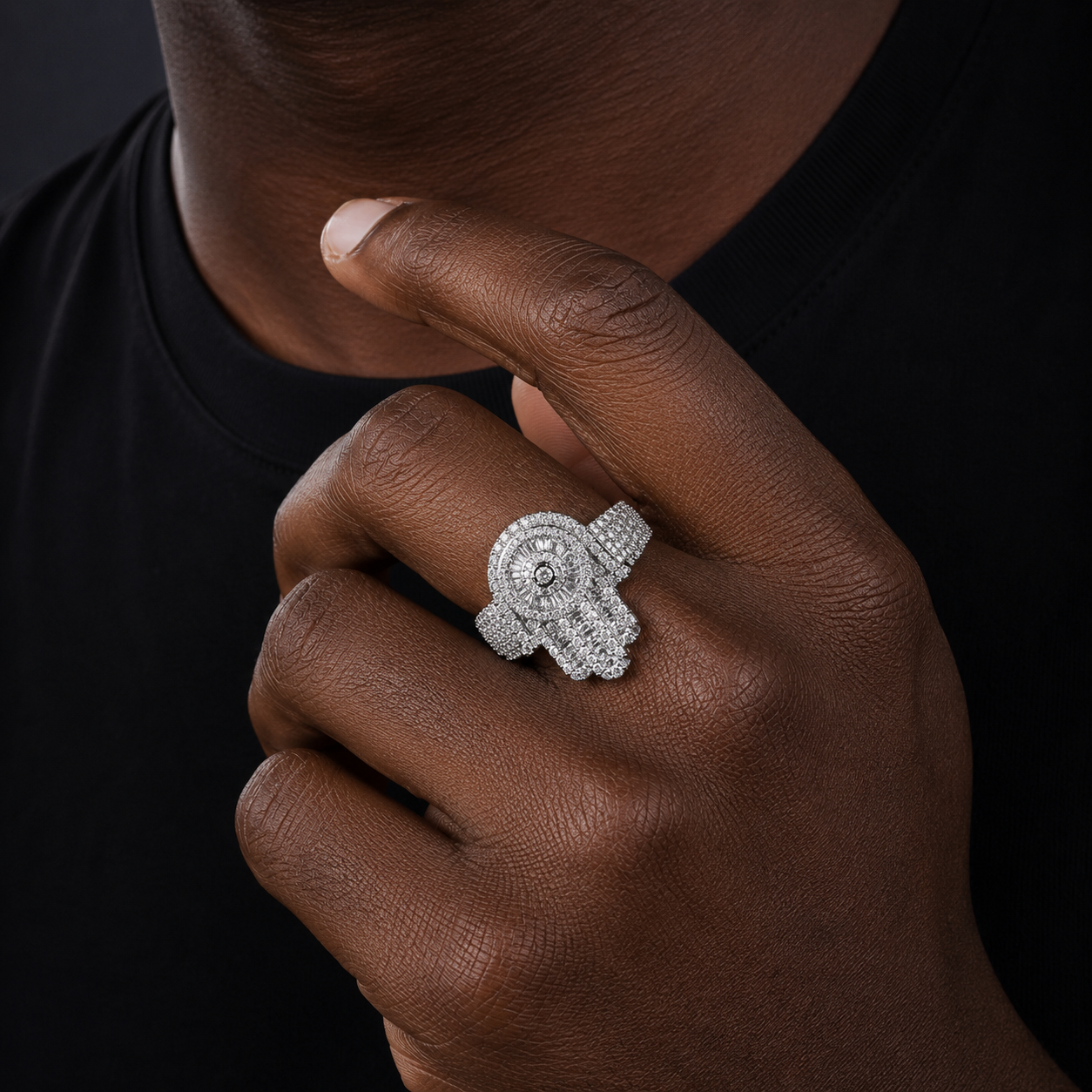 Bubble Letter Iced Out Hamsa Hand Ring for Men Real Gold Plated Cubic Zirconia Hip Hop Jewelry