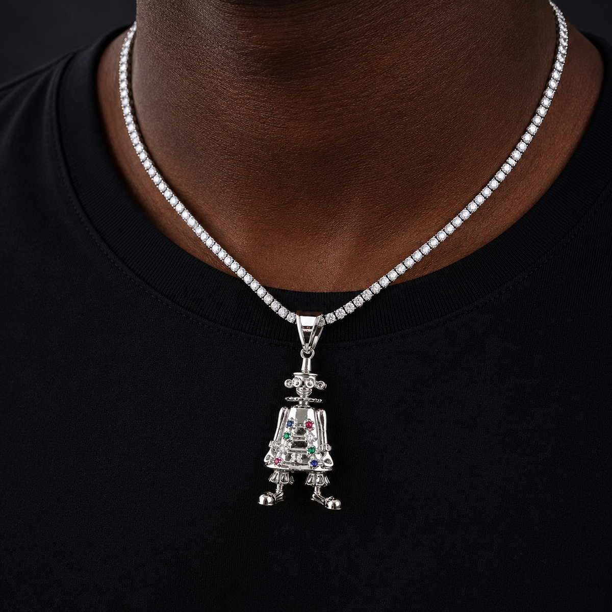 Bubble Letter Iced Out 3D Robot Necklace Pendant for Men Real Gold Plated Cubic Zirconia Hip Hop Jewelry