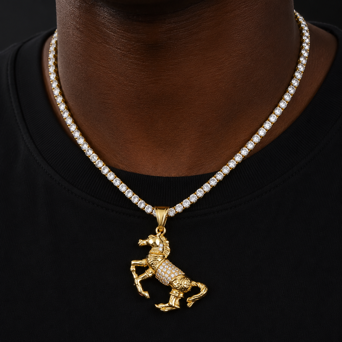 Bubble Letter Iced Out Horse Necklace Pendant for Men Real Gold Plated Cubic Zirconia Hip Hop Jewelry