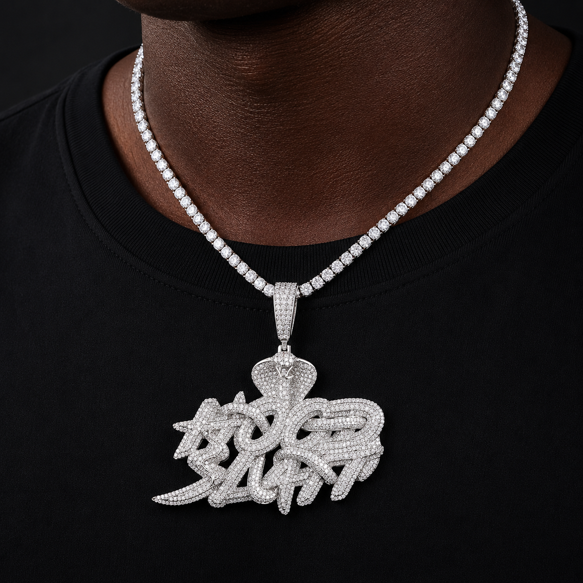 Bubble Letter Iced Out Snake Hood Hustle Necklace Pendant for Men Real Gold Plated Cubic Zirconia Hip Hop Jewelry