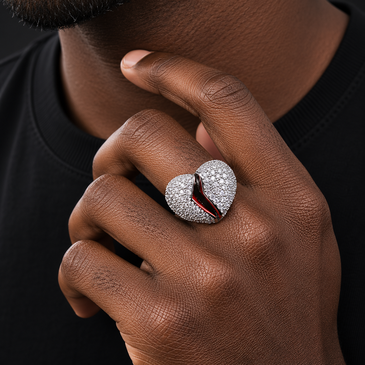 Bubble Letter Iced Out Broken Heart Ring for Men Real Gold Plated Cubic Zirconia Hip Hop Jewelry