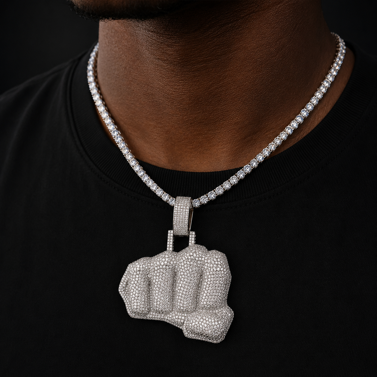 Bubble Letter Iced Out Fist Necklace Pendant for Men Real Gold Plated Cubic Zirconia Hip Hop Jewelry