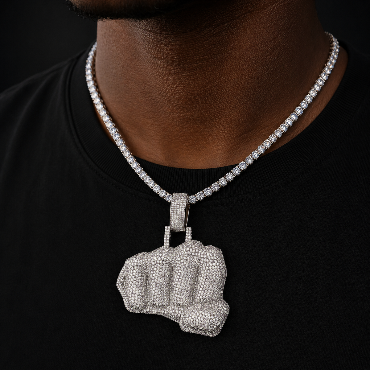 Bubble Letter Iced Out Fist Necklace Pendant for Men Real Gold Plated Cubic Zirconia Hip Hop Jewelry
