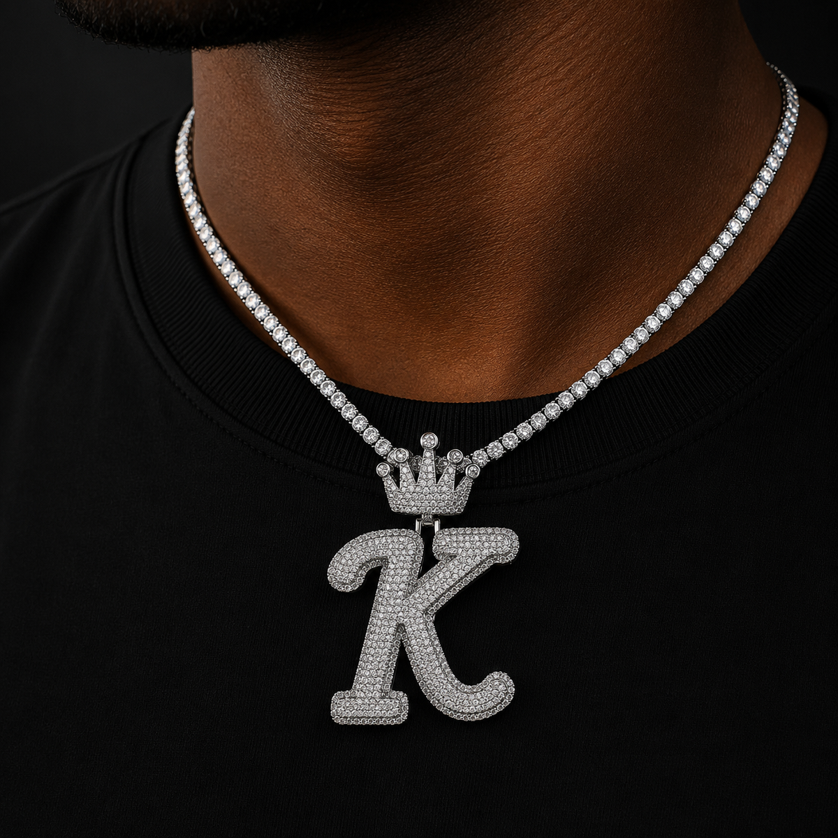 Bubble Letter Iced Out Initial Letter K Crown Bail for Men Necklace Pendant Real Gold Plated Cubic Zirconia Hip Hop Jewelry