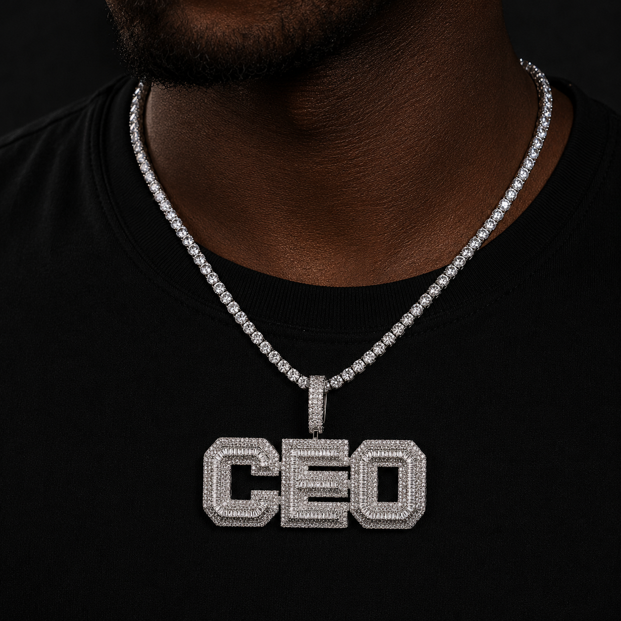 Bubble Letter Iced Out Text Letter CEO Necklace Pendant for Men Real Gold Plated Cubic Zirconia Hip Hop Jewelry