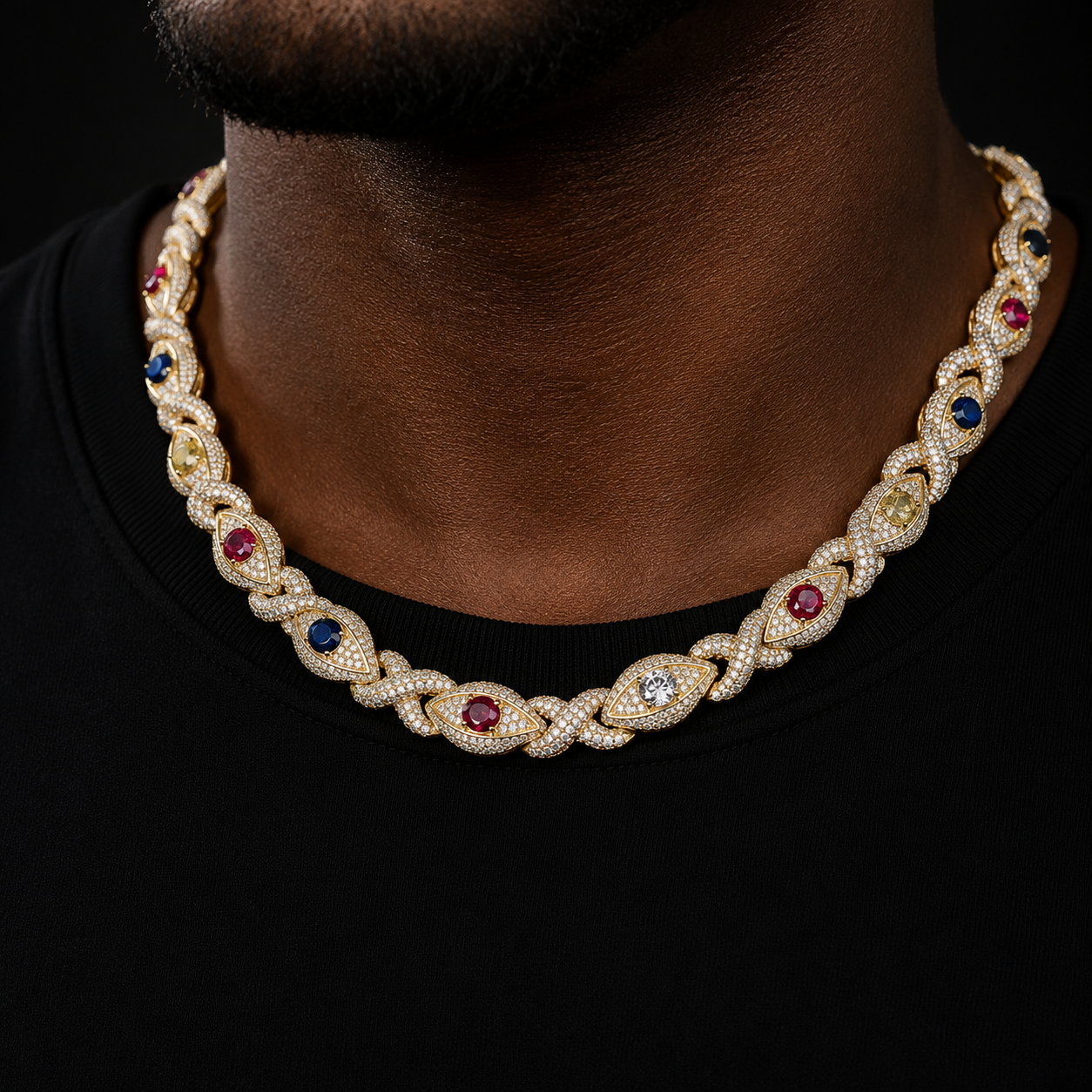 Bubble Letter Iced Out Colorful Eye Infinity Link Chain for Men Necklace Choker Real Gold Plated Cubic Zirconia Hip Hop Jewelry