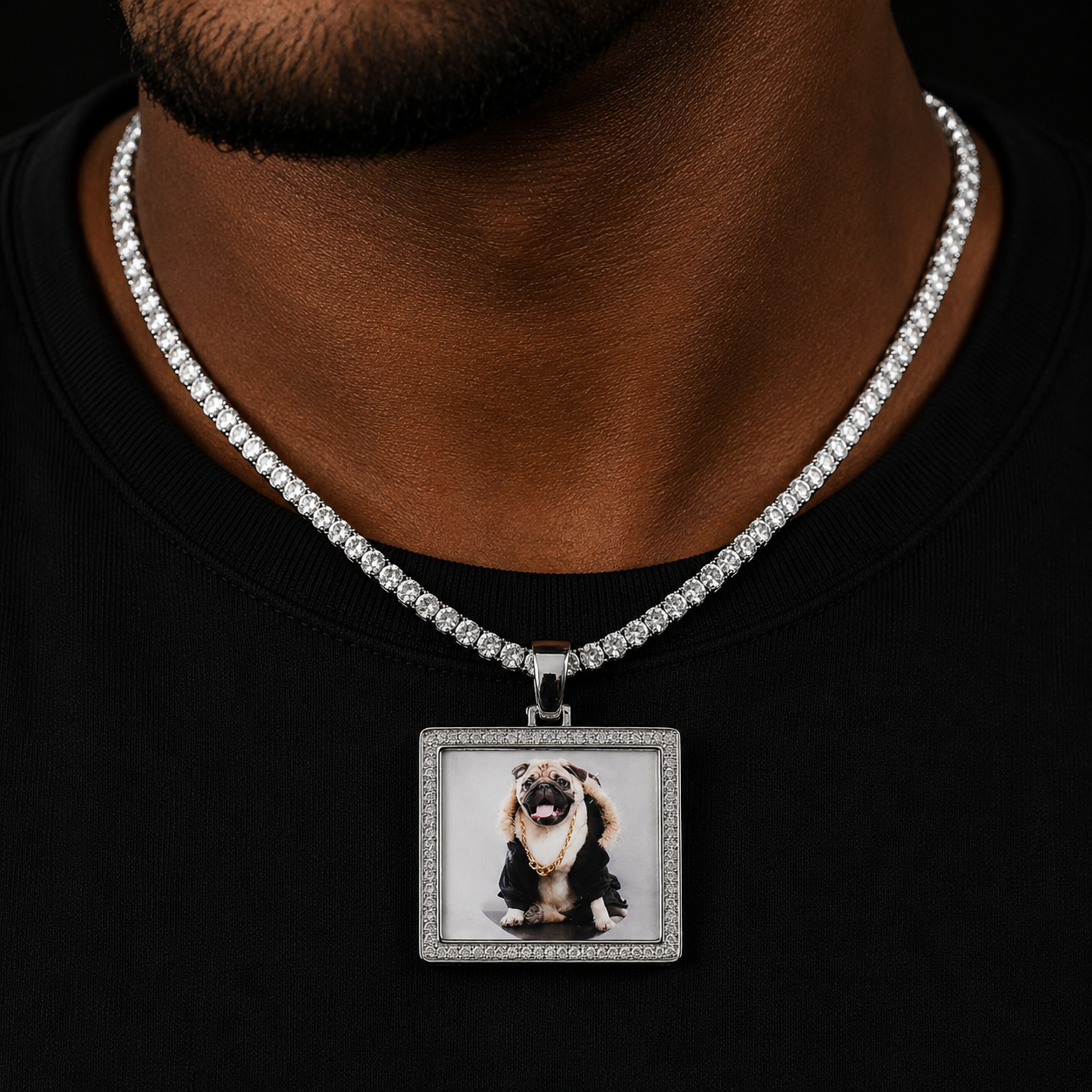 Bubble Letter Iced Out Rectangle Custom Photo Necklace Pendant for Men Real Gold Plated Cubic Zirconia Hip Hop Jewelry