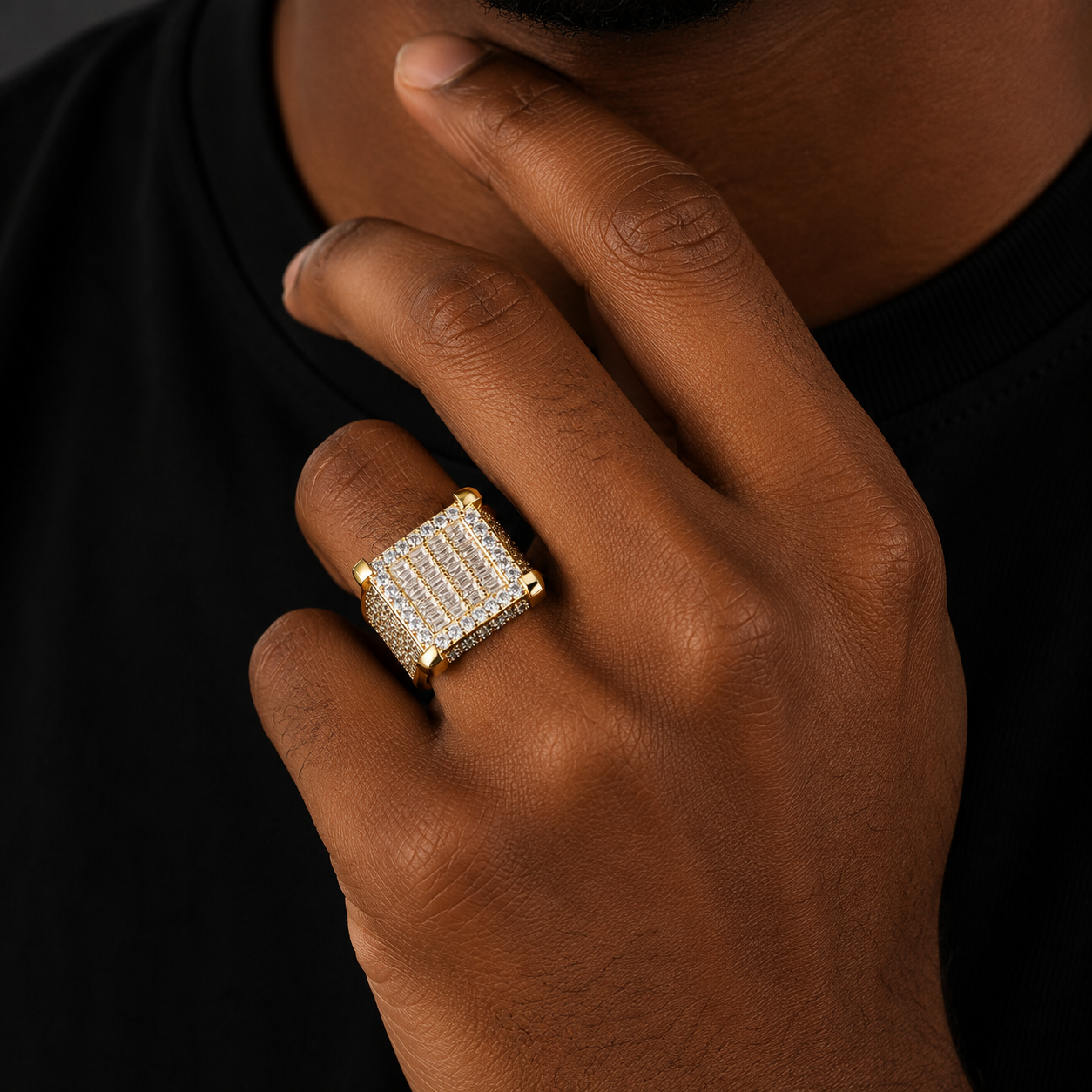 Bubble Letter Iced Out Nail Square Baguette Ring for Men Real Gold Plated Cubic Zirconia Hip Hop Jewelry