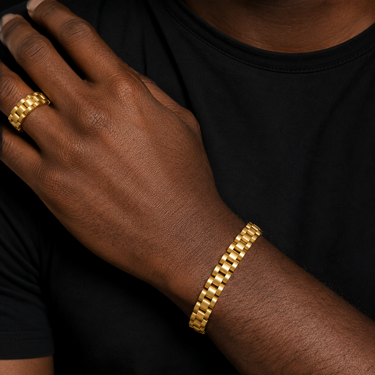 Bubbble Letter Stainless Steel Jewelry Set Presidential Gold PVD Plate Bracelet Ring Set Hip Hop Jewelry