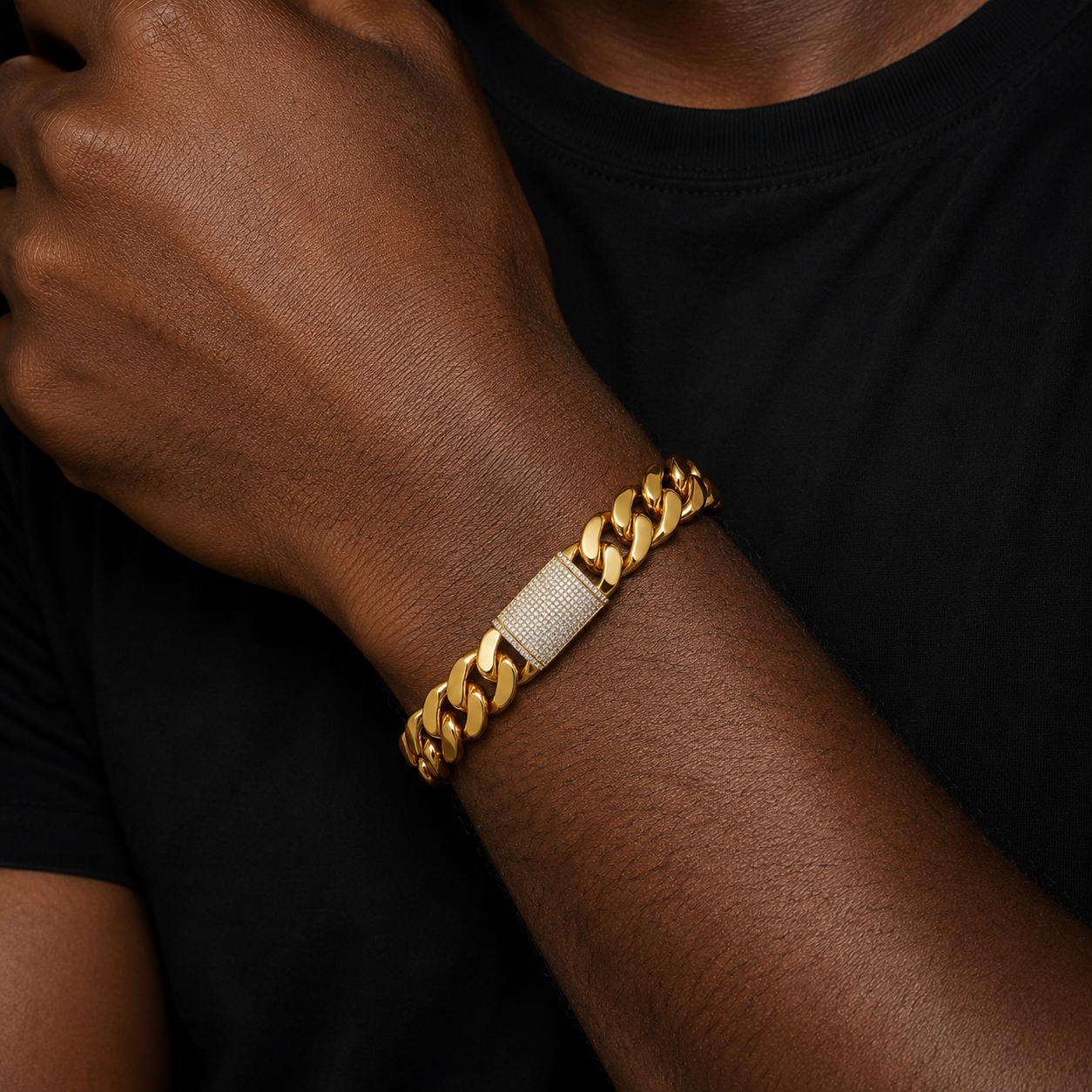 Bubble Letter Stainless Steel Miami Cuban Link Chain for Men Bracelet PVD Plating Real Gold Plated Flip Button Hip Hop Jewelry