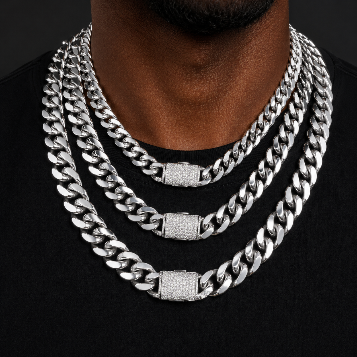 Bubble Letter Stainless Steel Miami Cuban Link Chain for Men Necklace Choker PVD Plating Real Silver Plated Flip Button Hip Hop Jewelry