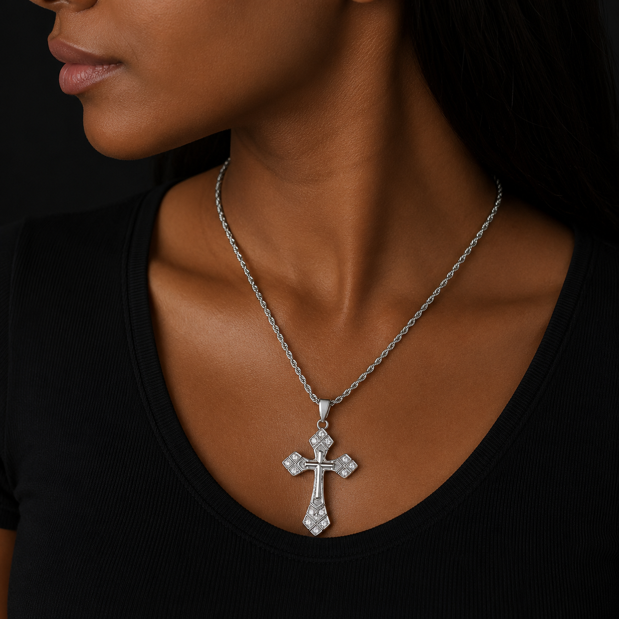 Bubble Letter Arrow Cross Necklace Pendant for Women Prong Setting Cubic Zirconia Hip Hop Jewelry