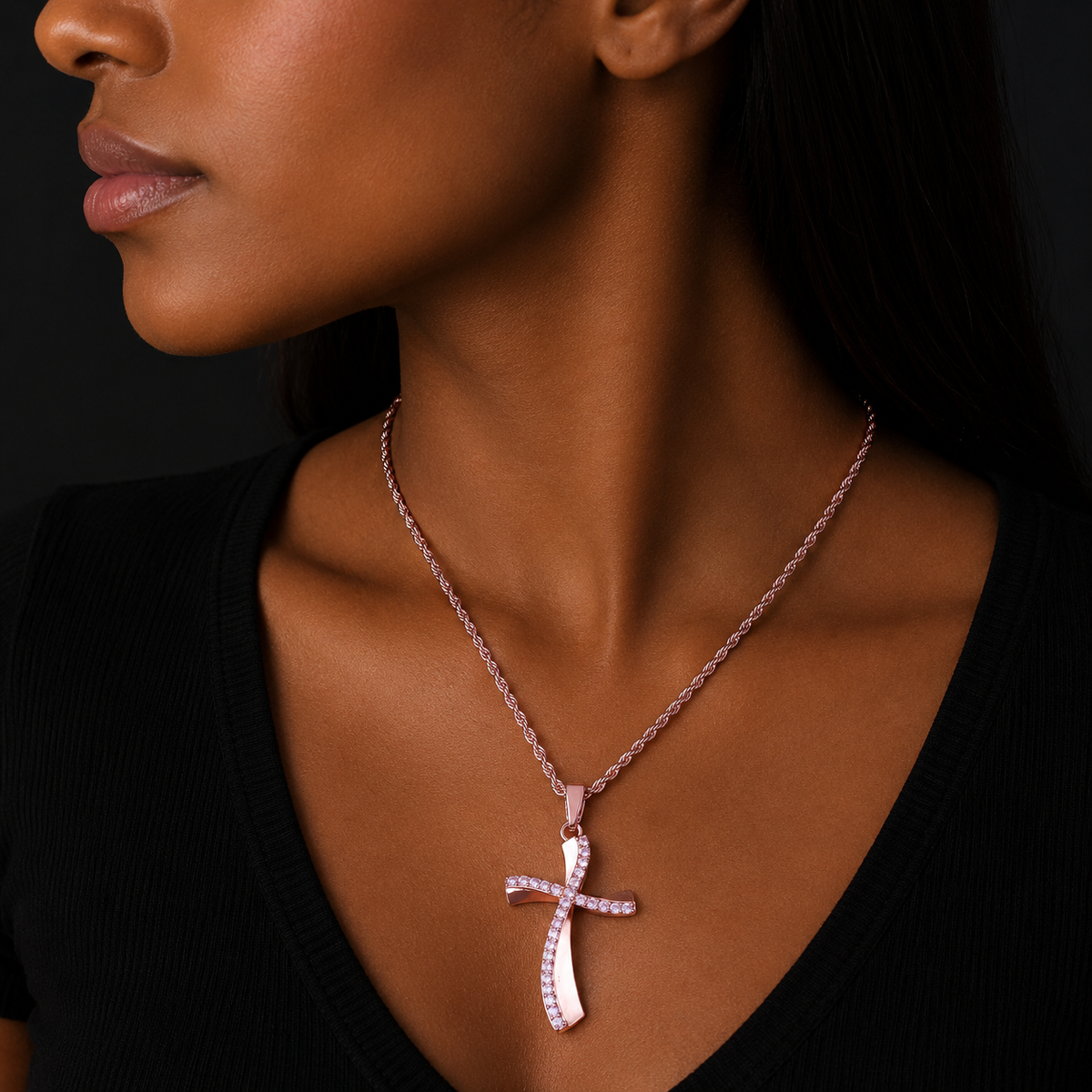 Bubble Letter Crooked Cross Necklace Pendant for Women Prong Setting Cubic Zirconia Hip Hop Jewelry